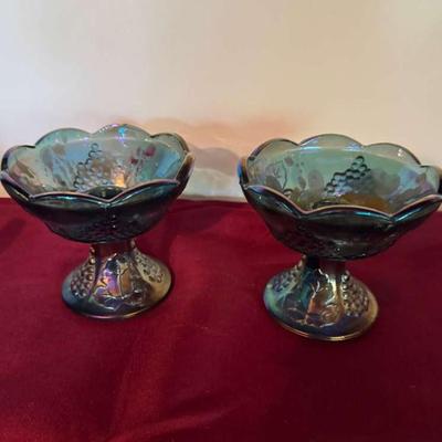 Blue carnival glass candlesticks