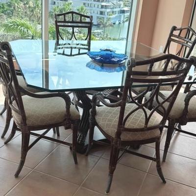 Glass Topped Italian Style Rattan Table, Vintage 