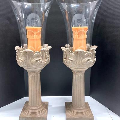 Pair Of Acanthus Column Hurricanes With Candles 
