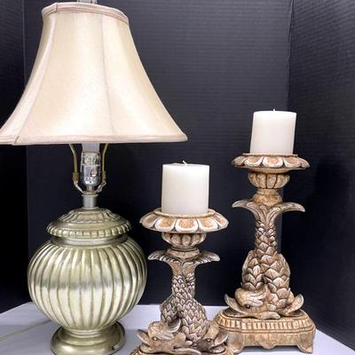 Silvered Dolphin Candlesticks With Hollywood Regency Style Lamp 