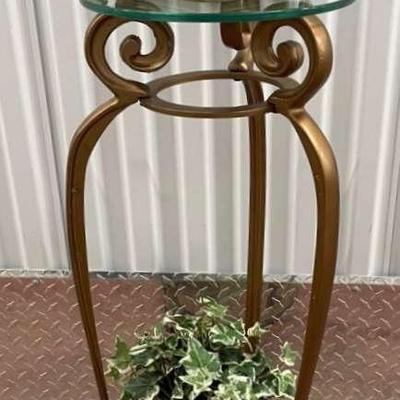 Two Tiered Glass And Gold Toned Metal Plant Stand With Faux Plants 