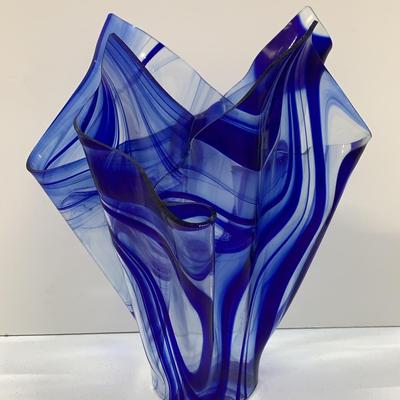 Cobalt And Clear Glass Handkerchief Vase