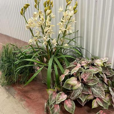 Faux Flowers And Plants In Resin Pot And Wicker Planters