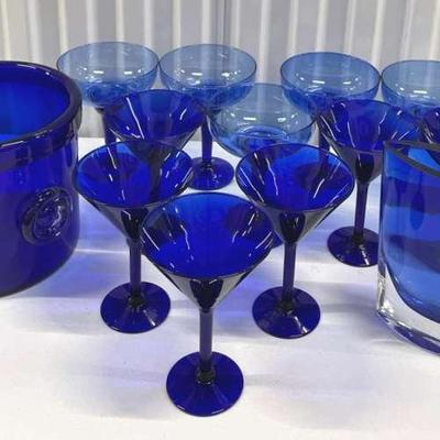 Cobalt Hand Blown Ice Bucket With Vase And Stemware 