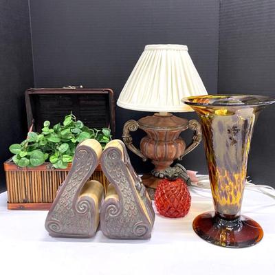Hand Blown Tortoise Shell Glass Vase, Acanthus Style Bookends, Lamp And Decor
