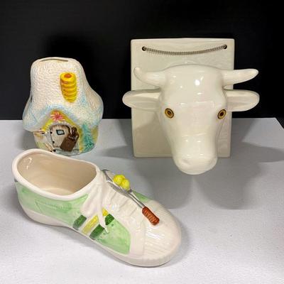 Vintage Napco Ceramic Cottage Planter, Rubens Planter Shoe And Cow Wall Hanger
