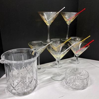Gorham Lead Crystal Ice Bucket With Etched Amber Martini Glasses 