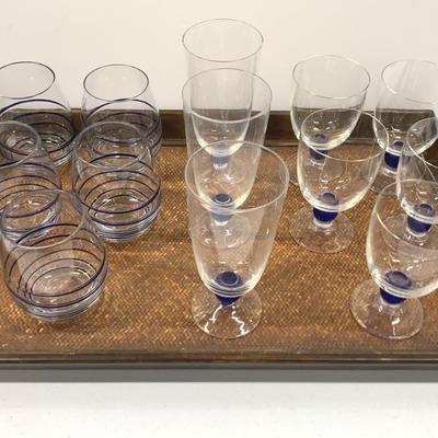 Rattan And Wood Tray And Glassware With Cobalt Accents