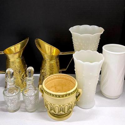 Vin. D.M.G.England Embossed Brass Pitchers, Hobnail Glass And Weller Pot