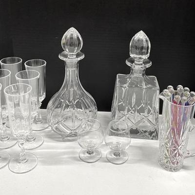Gorham Lady Anne Liquor And Wine Crystal Decanters With Pint Cristal D’ARques Pitcher And Glasses