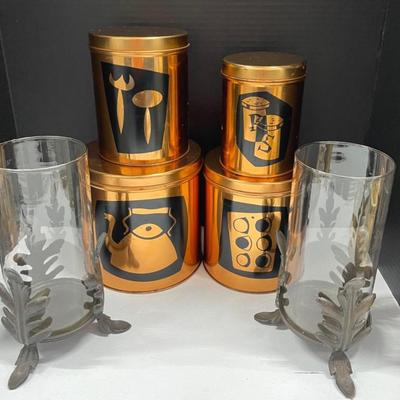 Mid Century Copper Canisters With Hurricane Candle Holders