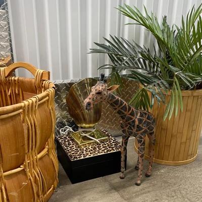 Leather Wrapped Giraffe, Brass Shell Lamp And Decor