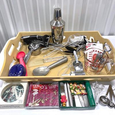Kitchenalia On Large Wood Tray With Pyrex, Vintage Ice Cream Scoop, Shaker And More 
