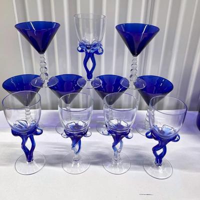 Hand Blown Stemware, Possibly Krosno With Cobalt Martini Glasses