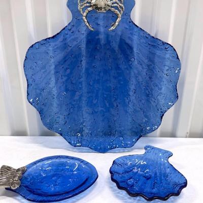 Blue Bubble Glass Serving Tray With Bubble Glass Dishes