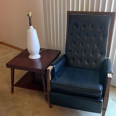 Mid century Naugahyde Recliner, Table & Lamp