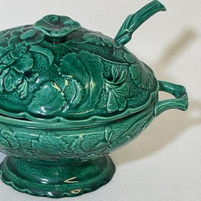 Majolica Style Small Green Tureen W/ Lid & Ladle, Vintage