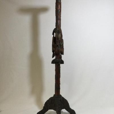 Tall Carved Wood Candle Stand Antique 