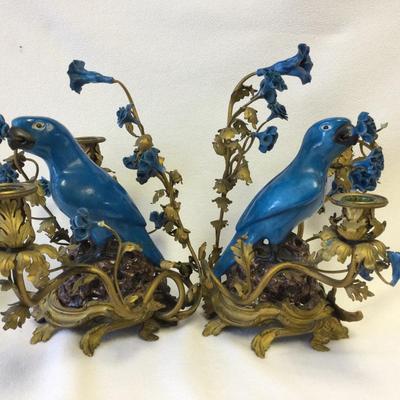 Pair of Chinese Blue Porcelain Parrot Candelabra 