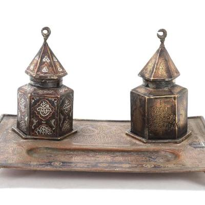 Sale Photo Thumbnail #279: Lot 279 persian inkwell tray with silver inlay