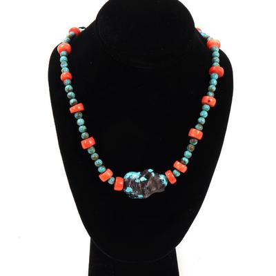 Sale Photo Thumbnail #90: Lot 90 beautiful natural coral turquoise chunky necklace