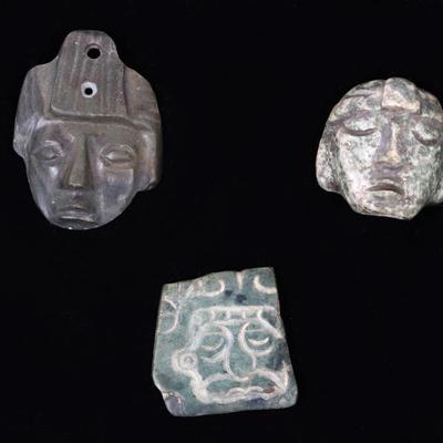 Sale Photo Thumbnail #153: Lot 153 pre columbian mayan jade plaque two stone heads