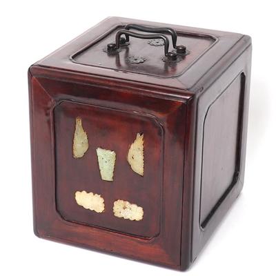 Sale Photo Thumbnail #129: Lot 129 chinese heavy hardwood jewelry box jade & stone appliques