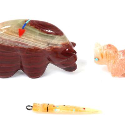 Sale Photo Thumbnail #424: Lot 424 trio of native american stone carved animals maize god