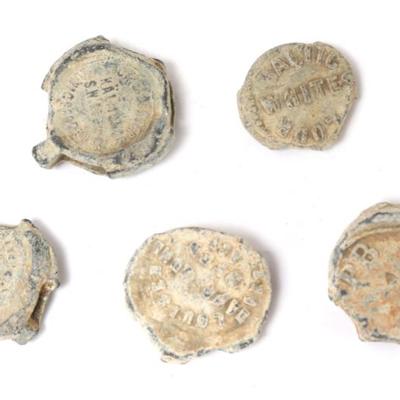 Sale Photo Thumbnail #494: Lot 495 five shipwreck token trade coins england