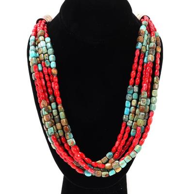 Sale Photo Thumbnail #89: Lot 89 six stranded coral turquoise necklace