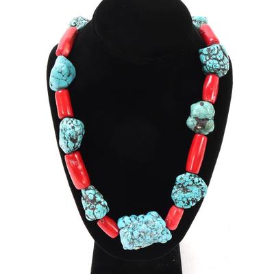 Sale Photo Thumbnail #88: Lot 88 gorgeous raw turquoise bright red coral necklace
