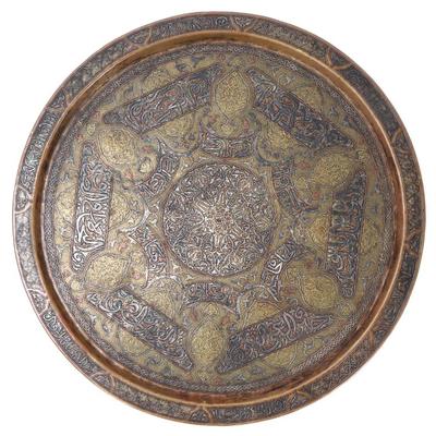 Lot 2 large mamluk revival brass tray wcopper inlay