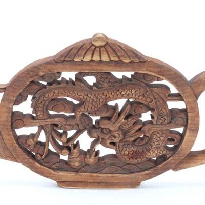Sale Photo Thumbnail #379: Lot 379 chinese wood carved teapot plaque phoenix & dragon