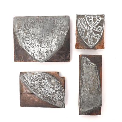 Sale Photo Thumbnail #518: Lot 519 group of four antique english letterpress printing blocks