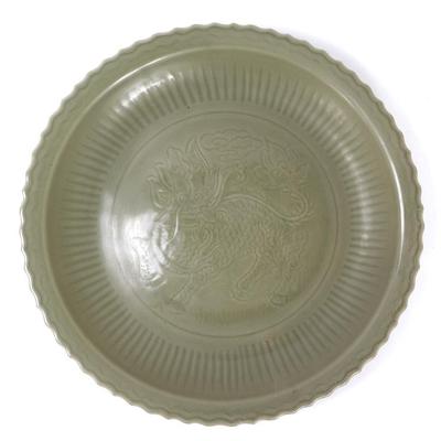 Sale Photo Thumbnail #329: Lot 329 chinese celadon glazed foo dog charger