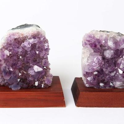 Sale Photo Thumbnail #190: Lot 190 pair amethyst drusy on wood base