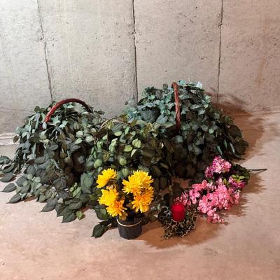 (3) Large Faux Plant Baskets With Additional Faux Flowers 