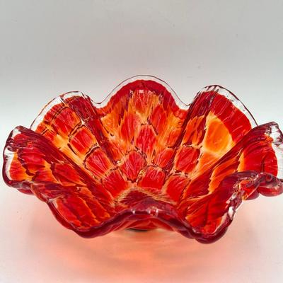Murano Style Vetro Eseguito Red Checker Art Glass Bowl Italy Ruffled Edge