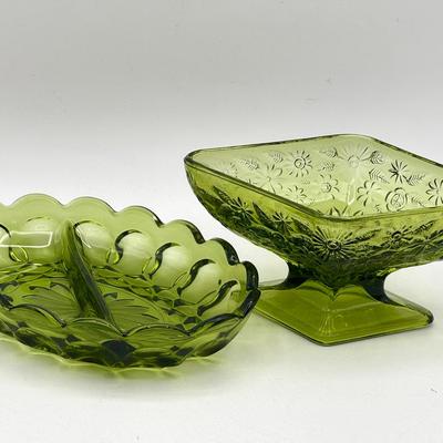 Avocado Green Indiana Glass Daisy Dish & Divided Dish