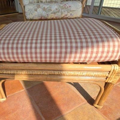 Gingham Covered Rattan Ottoman 