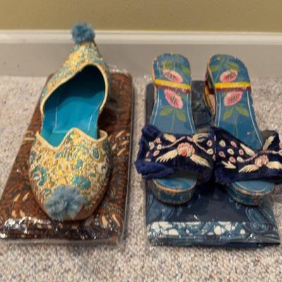 Batik Fabric, Paisley Mules, 1940s Carved Wood Philippine Women's Shoes