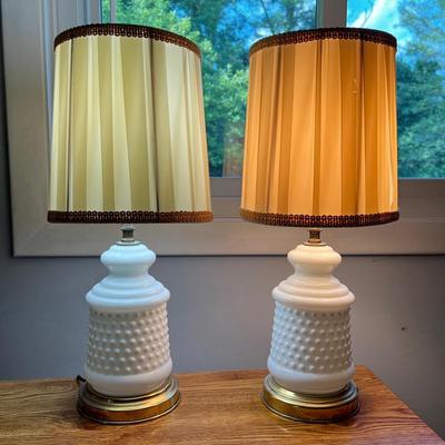 Matching Pair of Milk Glass Hobnail Lamps