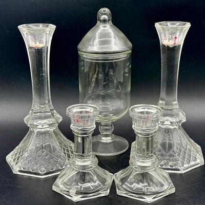 Etched Glass Apothecary Jar & (4) Candle Holders 