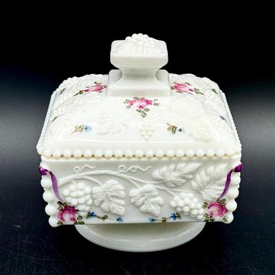 Marked Westmoreland Roses & Bowls Paneled Grape Milk Glass Covered Dish