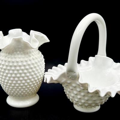 Marked Fenton Basket & Milk Glass Hobnail Vase