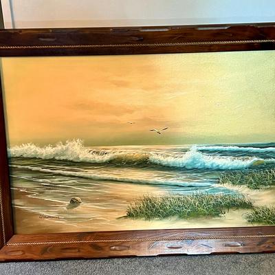 3.5-Foot Signed Canvas Painting of Crashing Waves & Seagulls