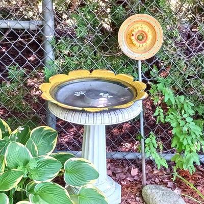 Bird Bath, Cover, & Handpainted Earthenware Garden Decor