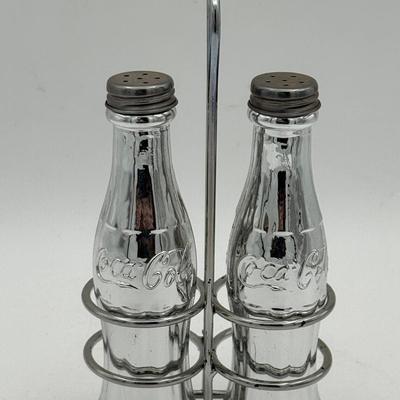 Coca Cola Glass Salt & Pepper Shakers W Caddy