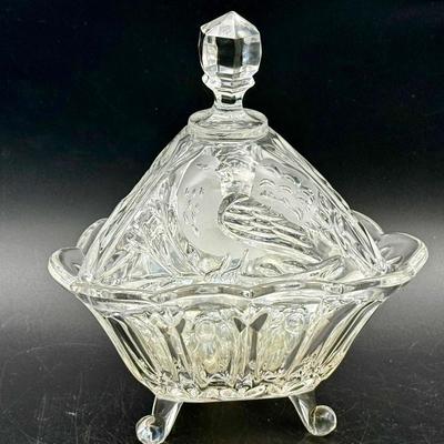 Vintage 3-Foot Covered Dish With Etched Bird
