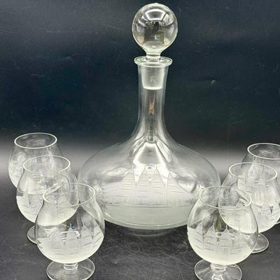 MCM Style Etched Ship Decanter & (6) Glasses